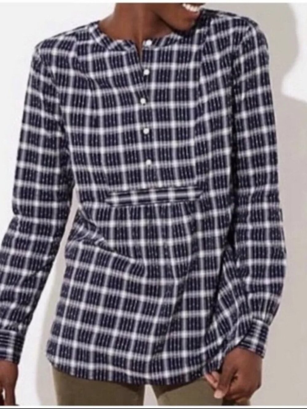 LOFT Navy and White Plaid Button Pull Over Tunic - Size Small